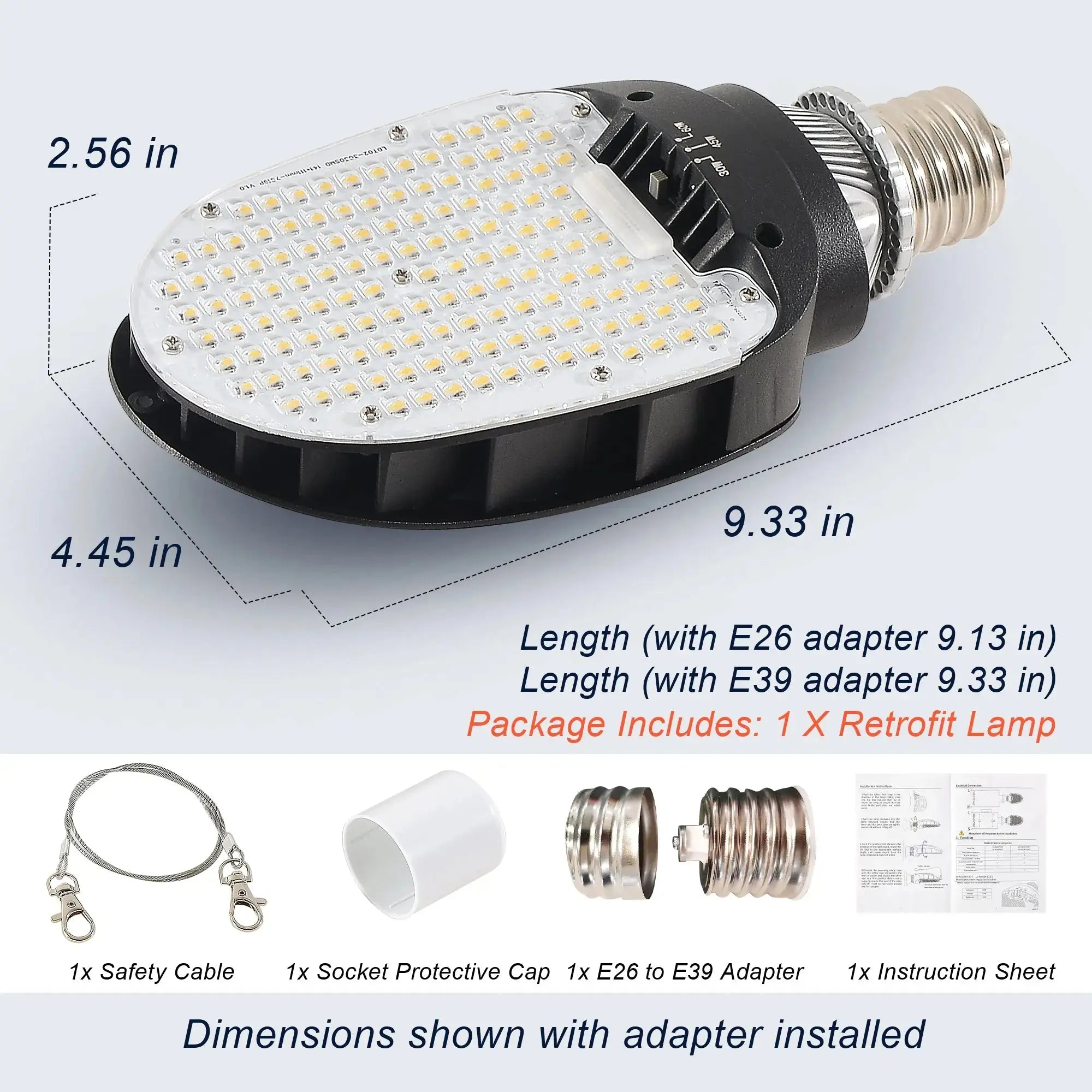 LED corn bulb packaging includes 60W E39 bulb and user manual for commercial lighting installation