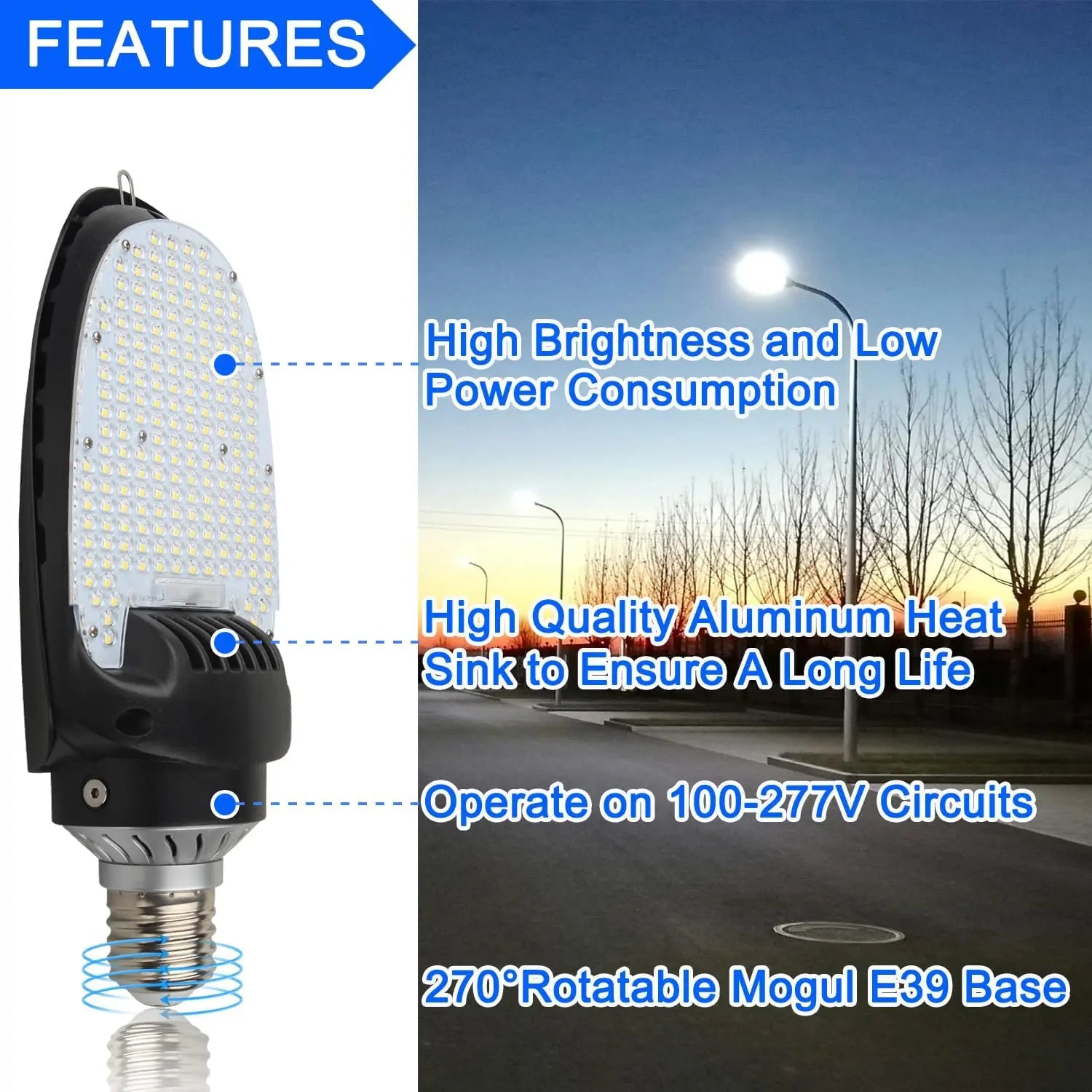 LED Corn Bulb E39 - 75/95/115W Selectable - 15,525 Lumens - 5000K Daylight - 400W MH/HPS Replacement - Commercial Retrofit Light for Parking Lot - Shoebox & Wall Pack