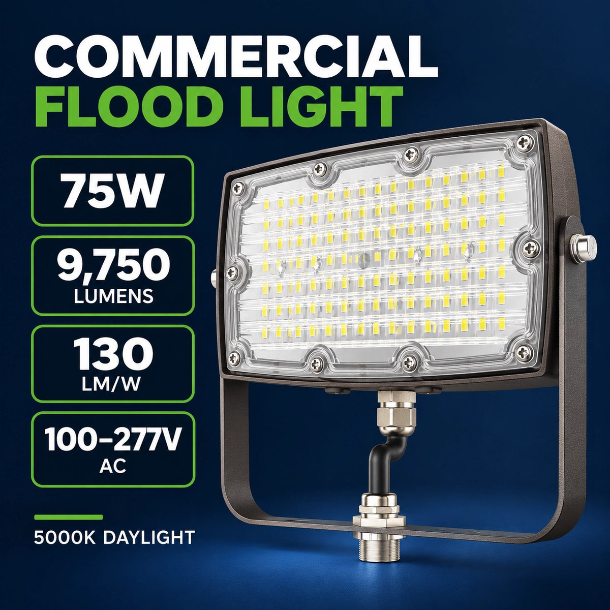 75W commercial LED flood light with 9,750 lumens, 5000K daylight output and 100–277V input