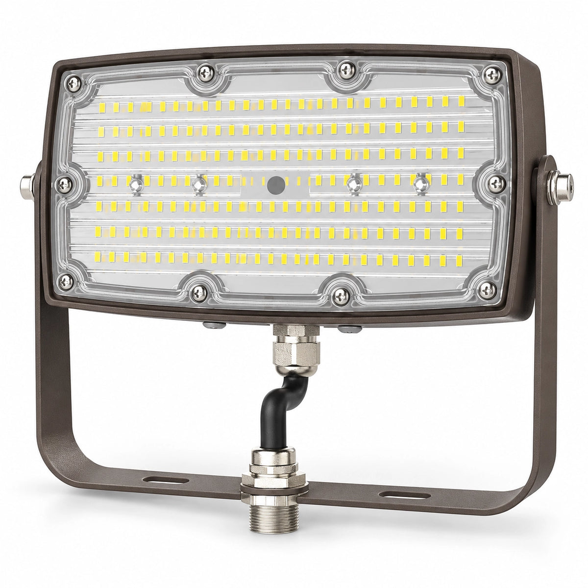 Dark bronze 75W LED flood light with yoke bracket and 1/2-inch knuckle, angled front view on white background