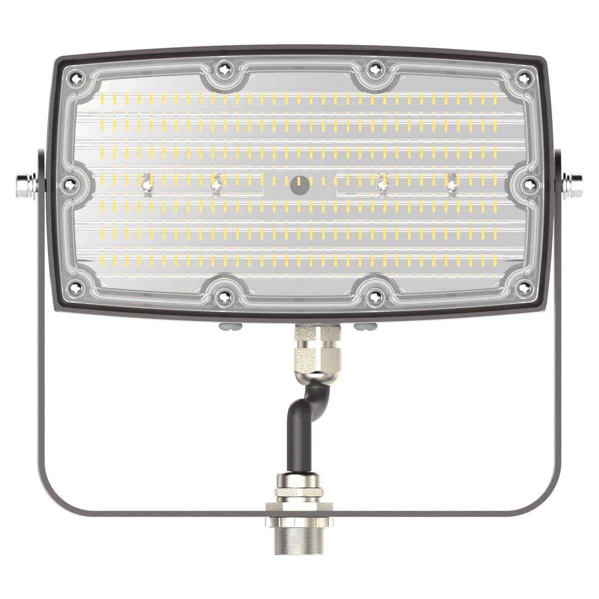 Front view of dark bronze 75W LED flood light with clear lens, yoke bracket and 1/2-inch knuckle