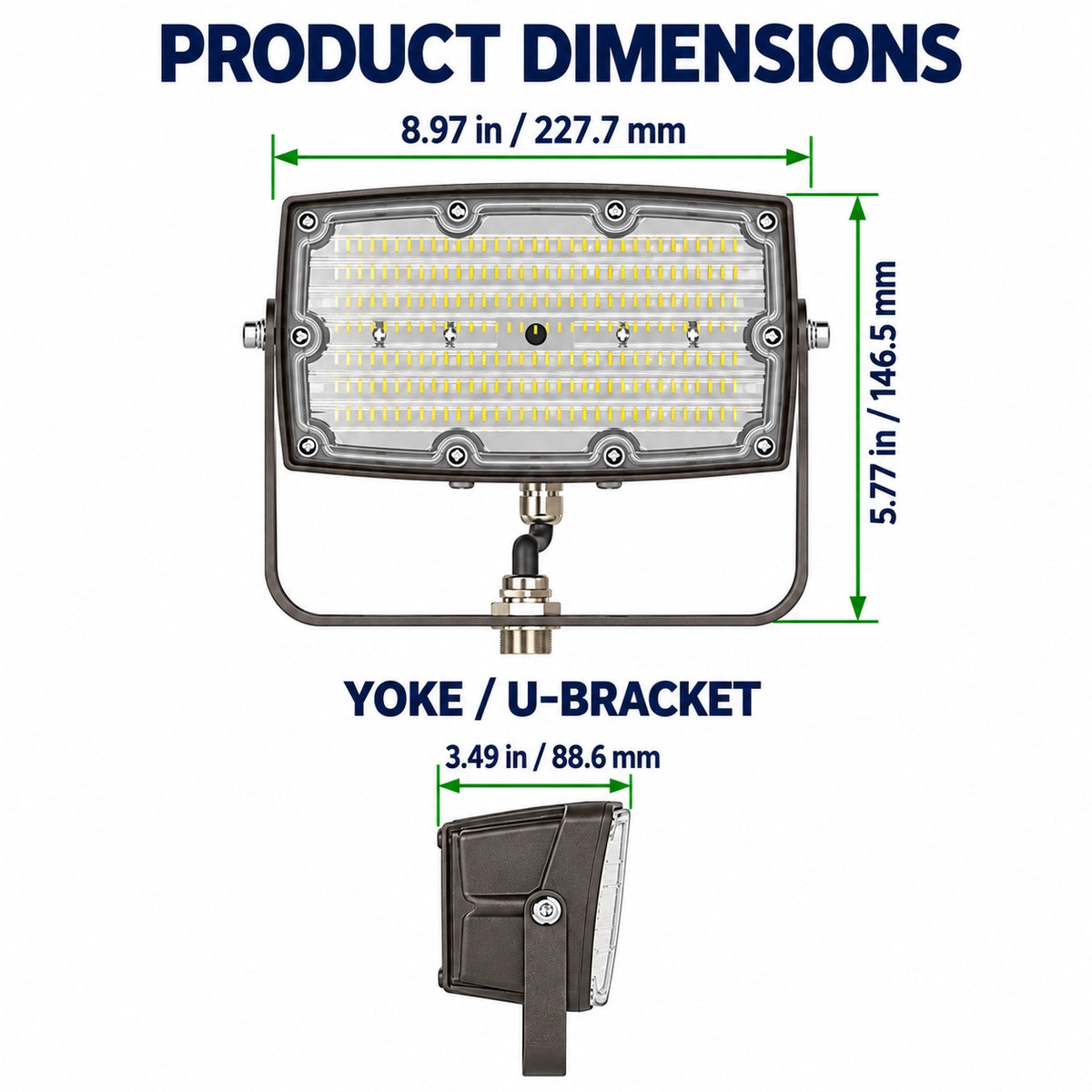 75W LED flood light dimension diagram with front and side views of the yoke bracket fixture