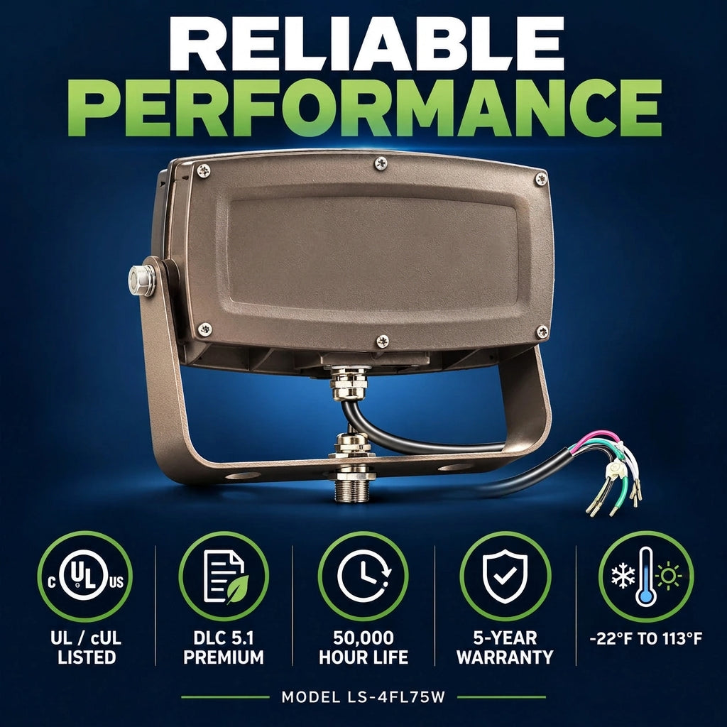 Rear view of bronze 75W LED flood light showing product label, wiring and UL and DLC performance information