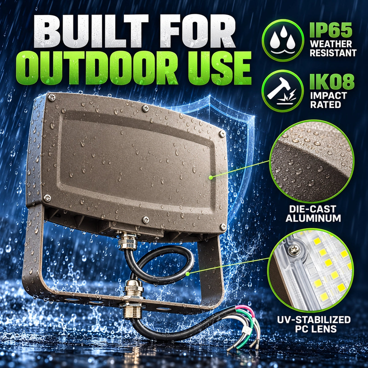 Bronze outdoor LED flood light with IP65 weather rating, IK08 impact rating and die-cast aluminum housing