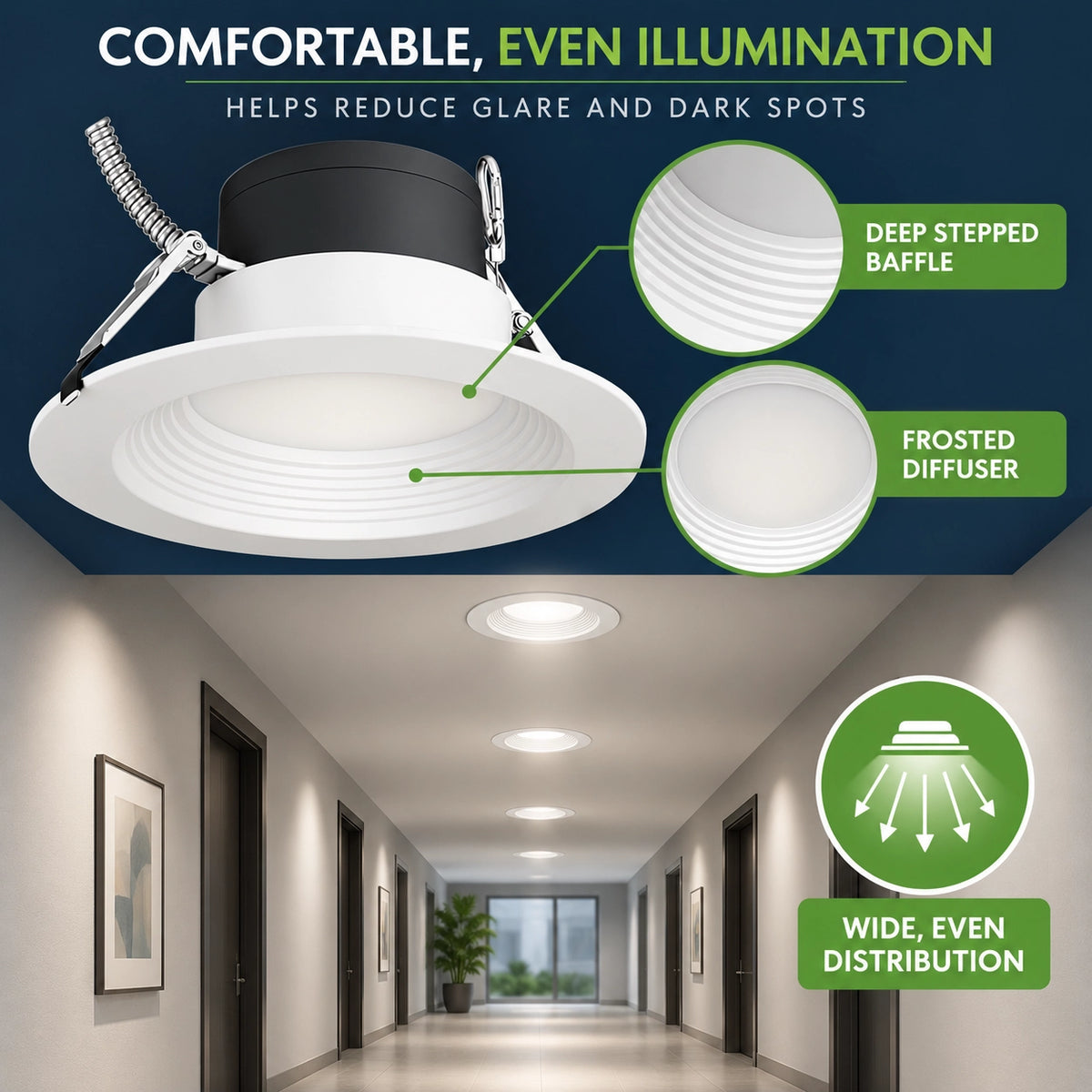 8 inch LED recessed downlight with selectable 2700K 3000K 3500K 4000K and 5000K color temperatures