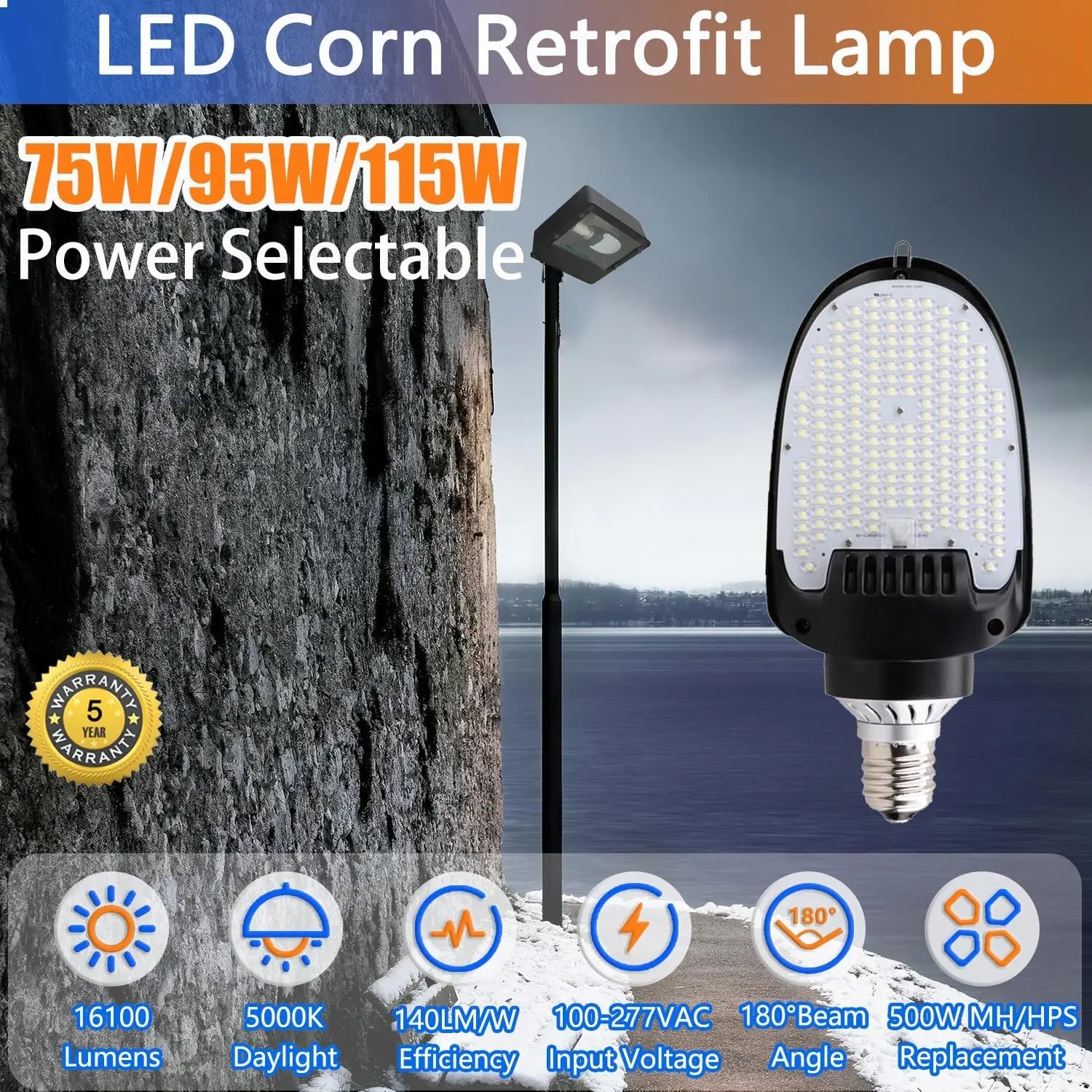 LED Corn Bulb E39 - 75/95/115W Selectable - 15,525 Lumens - 5000K Daylight - 400W MH/HPS Replacement - Commercial Retrofit Light for Parking Lot - Shoebox & Wall Pack