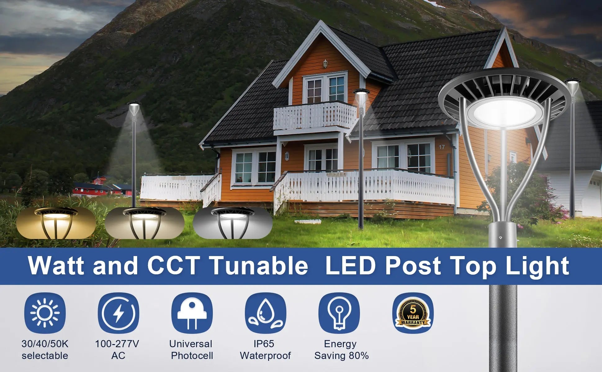 LED Post Top Light-20W/30W/40W/60W Selectable-CCT 3000K/4000K/5000K Selectable-Outdoor Waterproof-Compatible Photocell-5 Years Warranty TANLITE