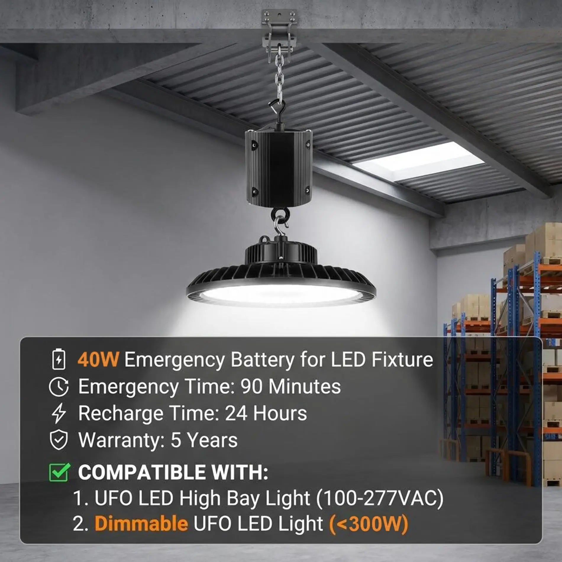 40W Emergency Backup Battery For UFO High Bay Light-AC 100-347V Emergency Battery Backup Power Supply-DLC UL-Listed TANLITE