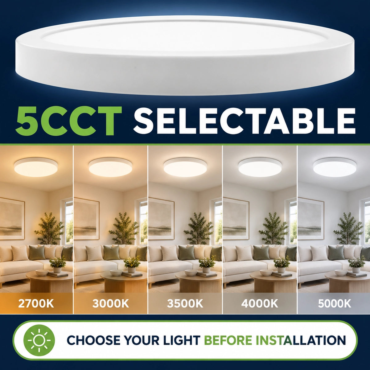 13 Inch 24W Round Flush Mount LED Ceiling Light, 5CCT, White