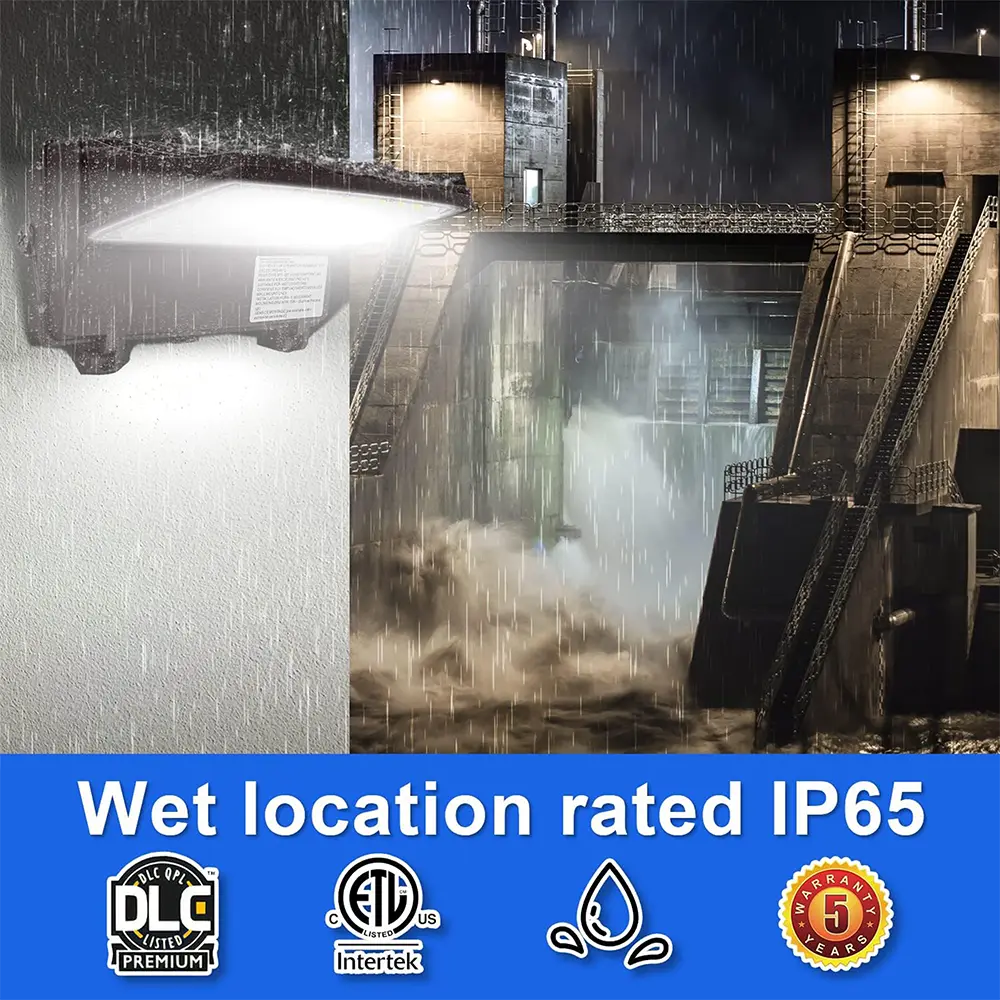 TANLITE Full Cut Off wall pack light submerged in water test, IP65-rated for outdoor industrial environments with polycarbonate lens
