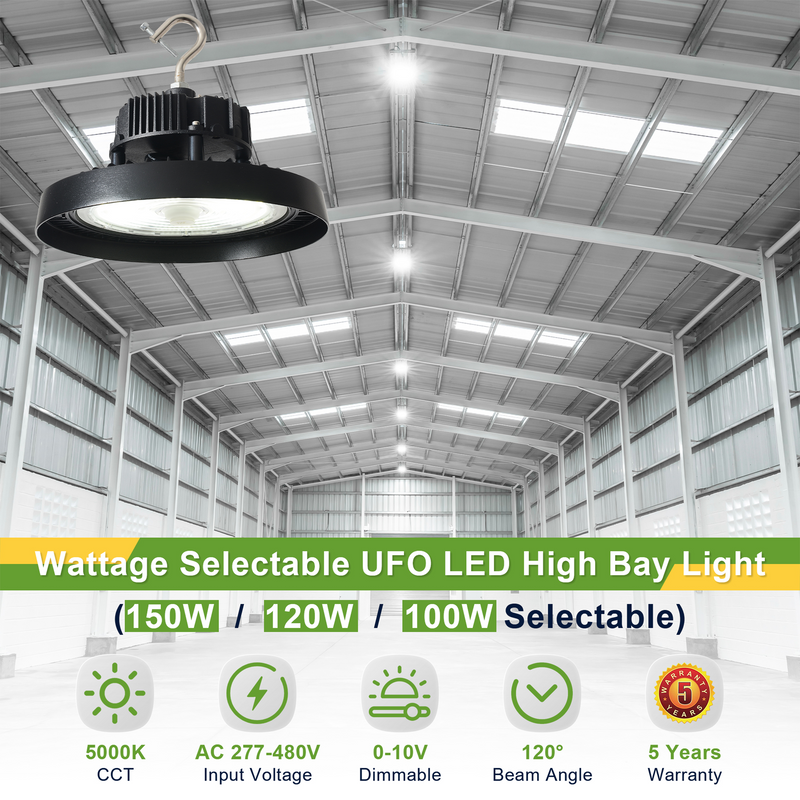 150W/120W/100W TANLITE UFO High Bay LED Fixture-277-480V-Selectable Wattage-CCT 5000K-Up To 21,000 Lumens