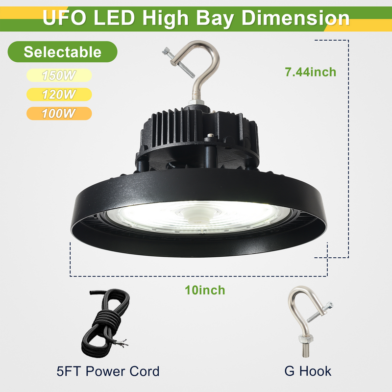 150W/120W/100W TANLITE UFO High Bay LED Fixture-277-480V-Selectable Wattage-CCT 5000K-Up To 21,000 Lumens