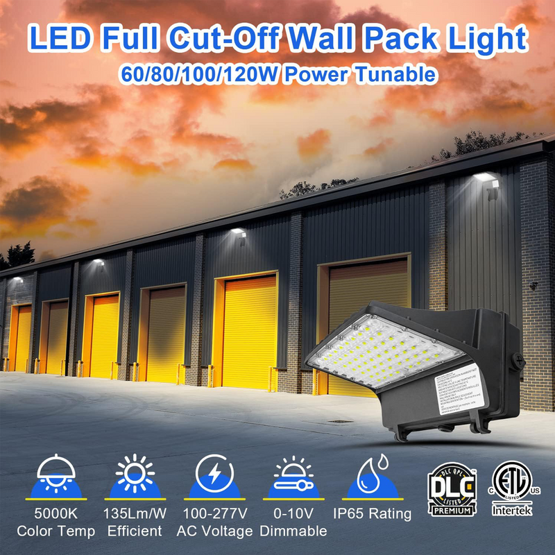 TANLITE Lighting 60W 80W 100W 120W Selectable LED Full Cutoff Wall Pack -5,200 Lumens-250W MH Equivalent-5000K-DLC Listed