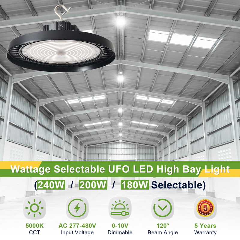 240W/200W/180W-TANLITE UFO High Bay LED Fixture-277-480V-Selectable Wattage-CCT 5000K-Up to 33,600 Lumens