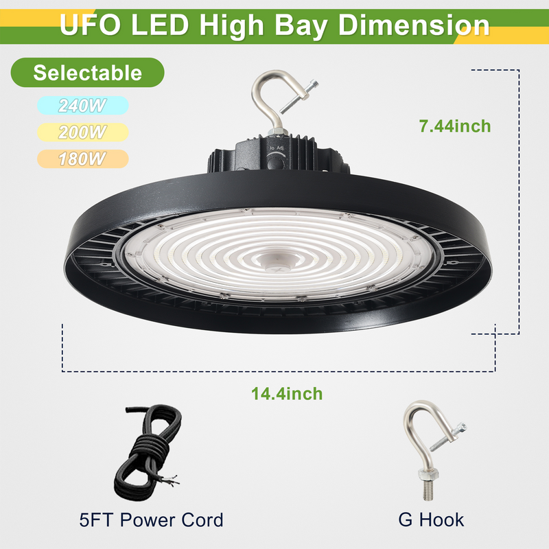 240W/200W/180W-TANLITE UFO High Bay LED Fixture-277-480V-Selectable Wattage-CCT 5000K-Up to 33,600 Lumens