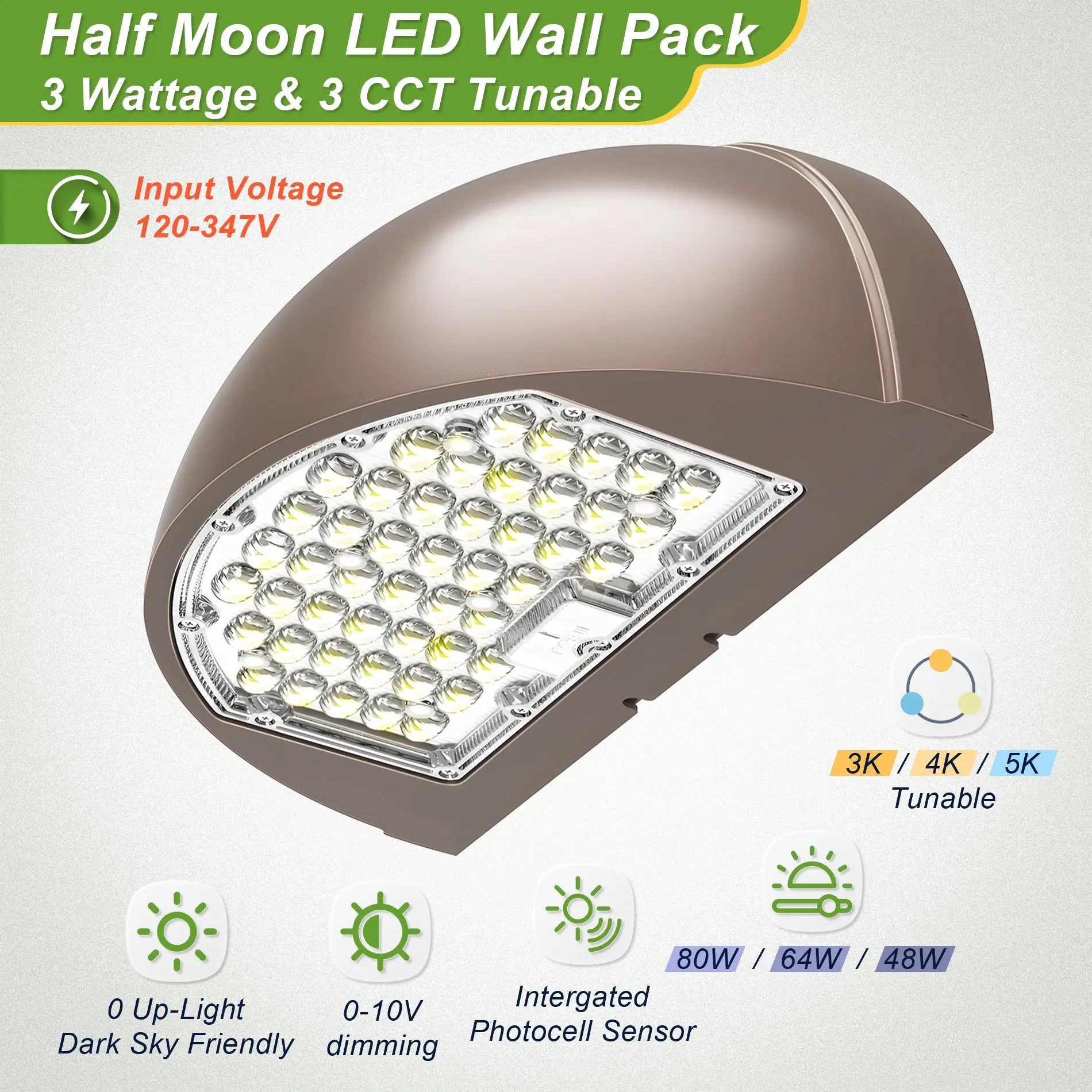 80W/64W/48W Wattage Selectable-LED Half Moon Wall Pack Light- CCT 3000K/4000K/5000K-AC 120~347V- 0~10V dimmable TANLITE