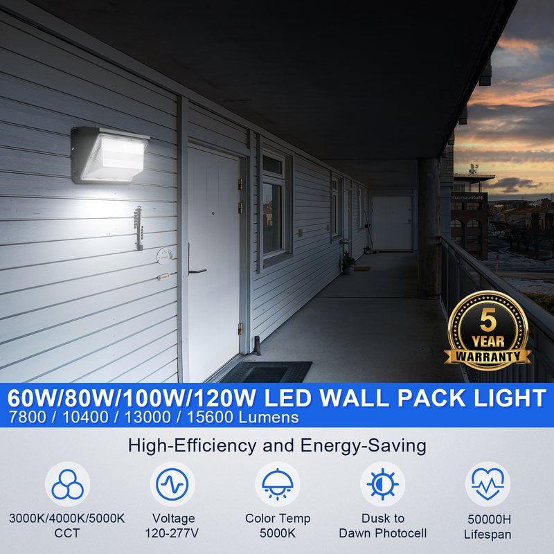 TANLITE 120W/100W/80W/60W 4 Watts Selectable LED Wall Pack Light- CCT 3000K/4000K/5000K-AC 120~277V- For Outdoor Building Lighting-ETL+DLC Listed