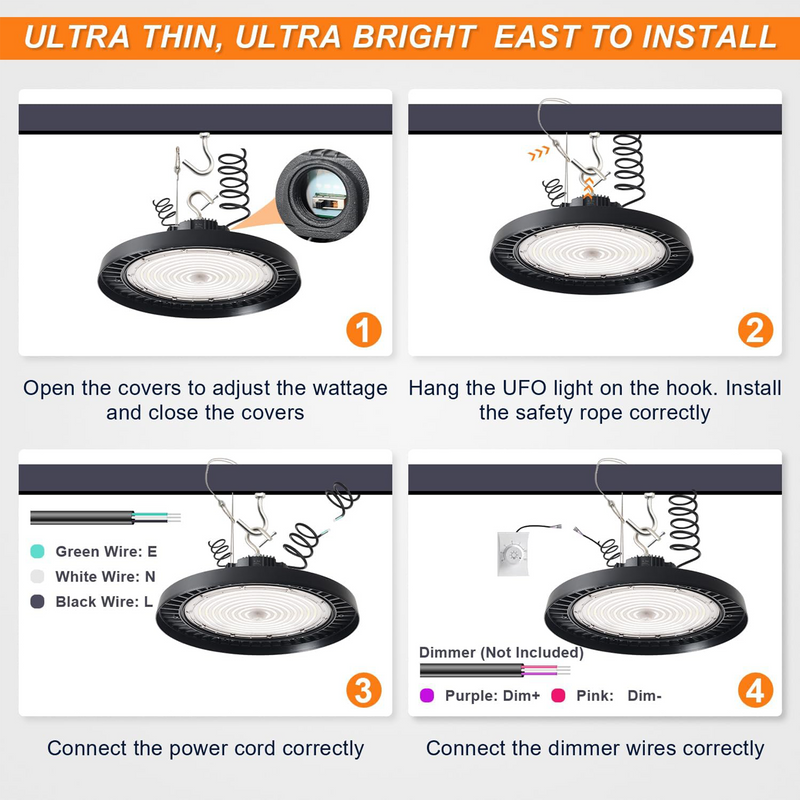 150W 120W 100W Adjustable-480V UFO LED High Bay Light-AC 277-480V-5000K Daylight-LED Shop Lights (500W MH/HPS Equiv.)- 0-10V Dimmable Commercial Bay Lighting for Warehouse Factory