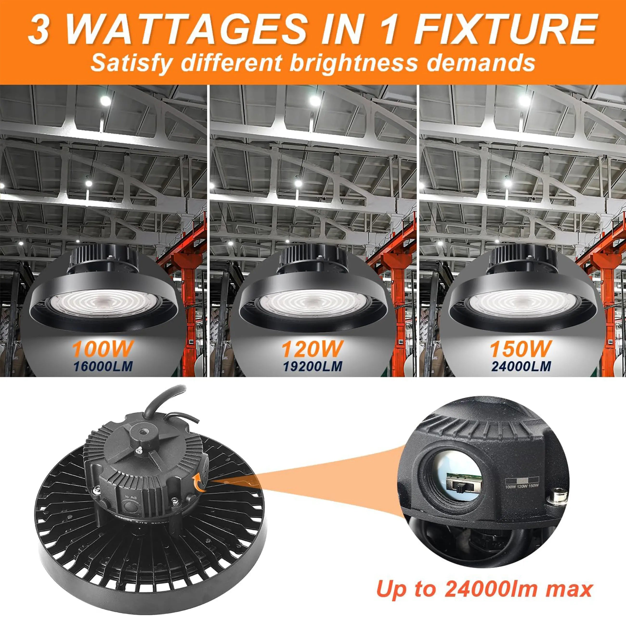 150W 120W 100W Adjustable-480V UFO LED High Bay Light-AC 277-480V-5000K Daylight-LED Shop Lights (500W MH/HPS Equiv.)- 0-10V Dimmable Commercial Bay Lighting for Warehouse Factory TANLITE