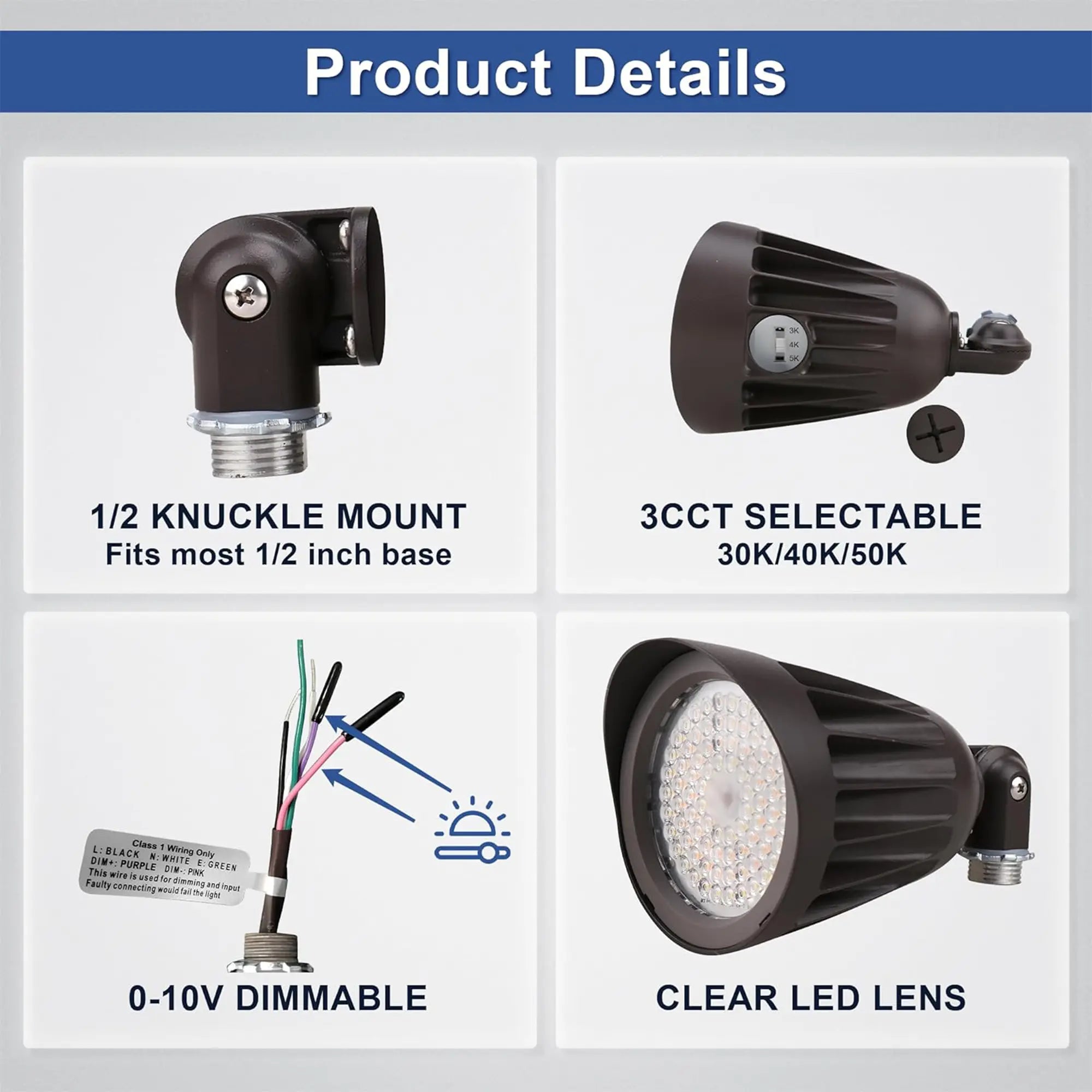TANLITE 25W LED Bullet Flood Light-Outdoor Landscape Lighting-CCT 3000K/4000K/5000K Selectable-Knukle Mount-DLC 5.1 Listed