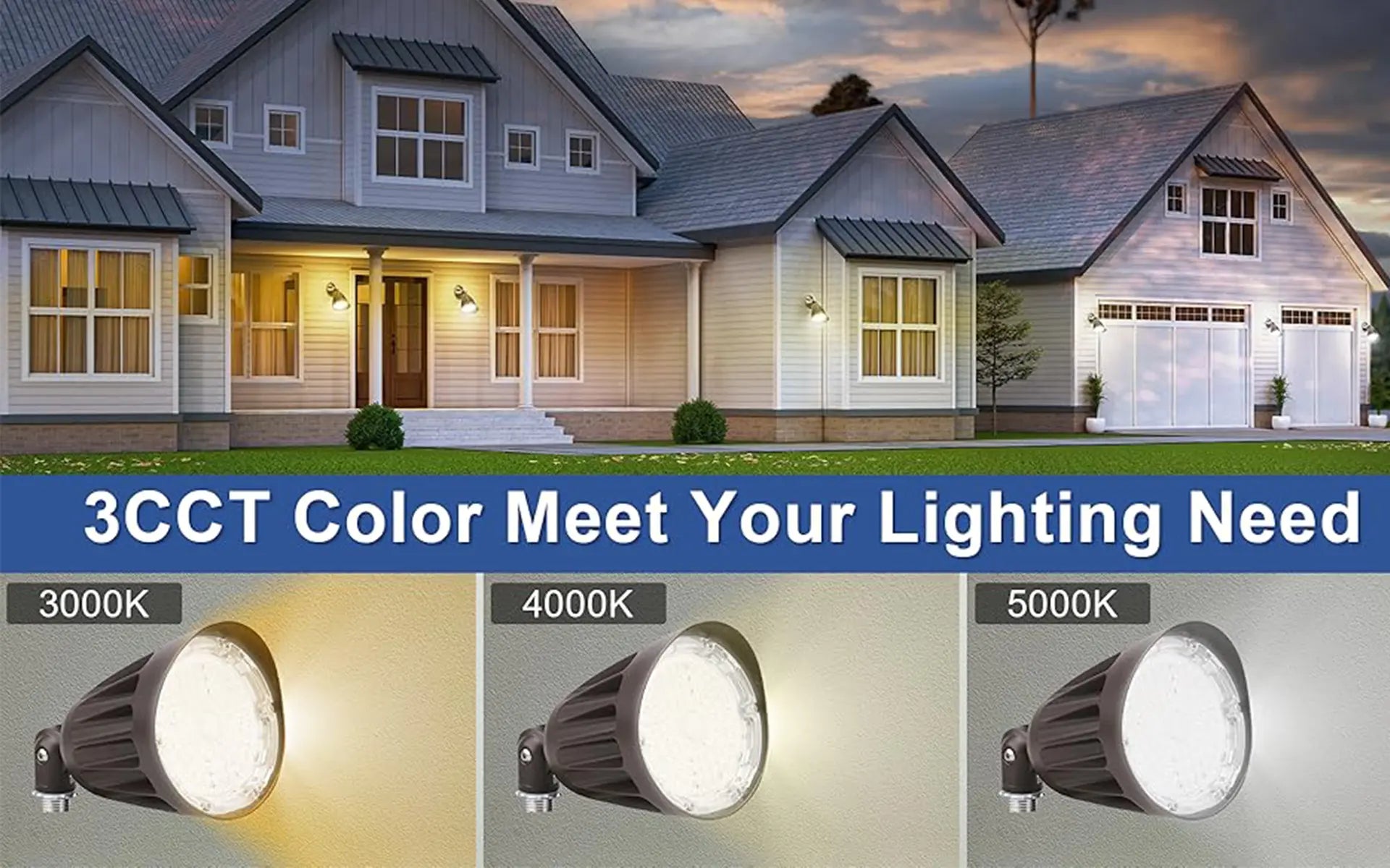 TANLITE 25W LED Bullet Flood Light-Outdoor Landscape Lighting-CCT 3000K/4000K/5000K Selectable-Knukle Mount-DLC 5.1 Listed