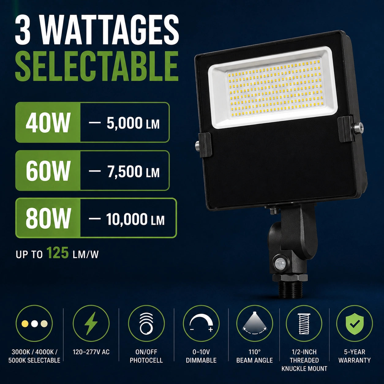 80W/60W/40W Selectable LED Flood Light, 3CCT, Photocell, Knuckle Mount