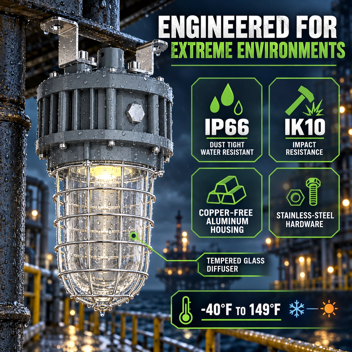 40W Explosion Proof LED Jelly Jar Light, Class I Division 1 & 2, 4,400 Lumens, 5000K, 100–277V