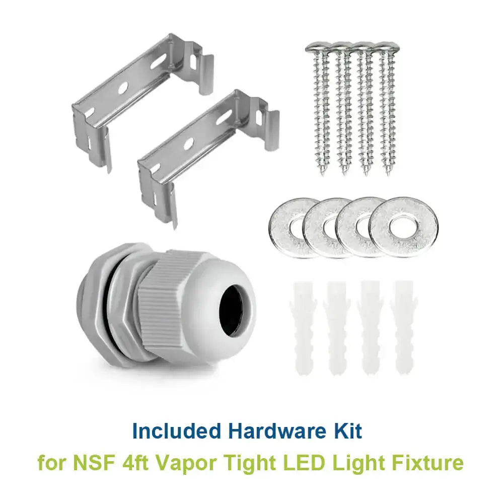 Included hardware kit for NSF 4ft Vapor Tight LED Light Fixture on a white background