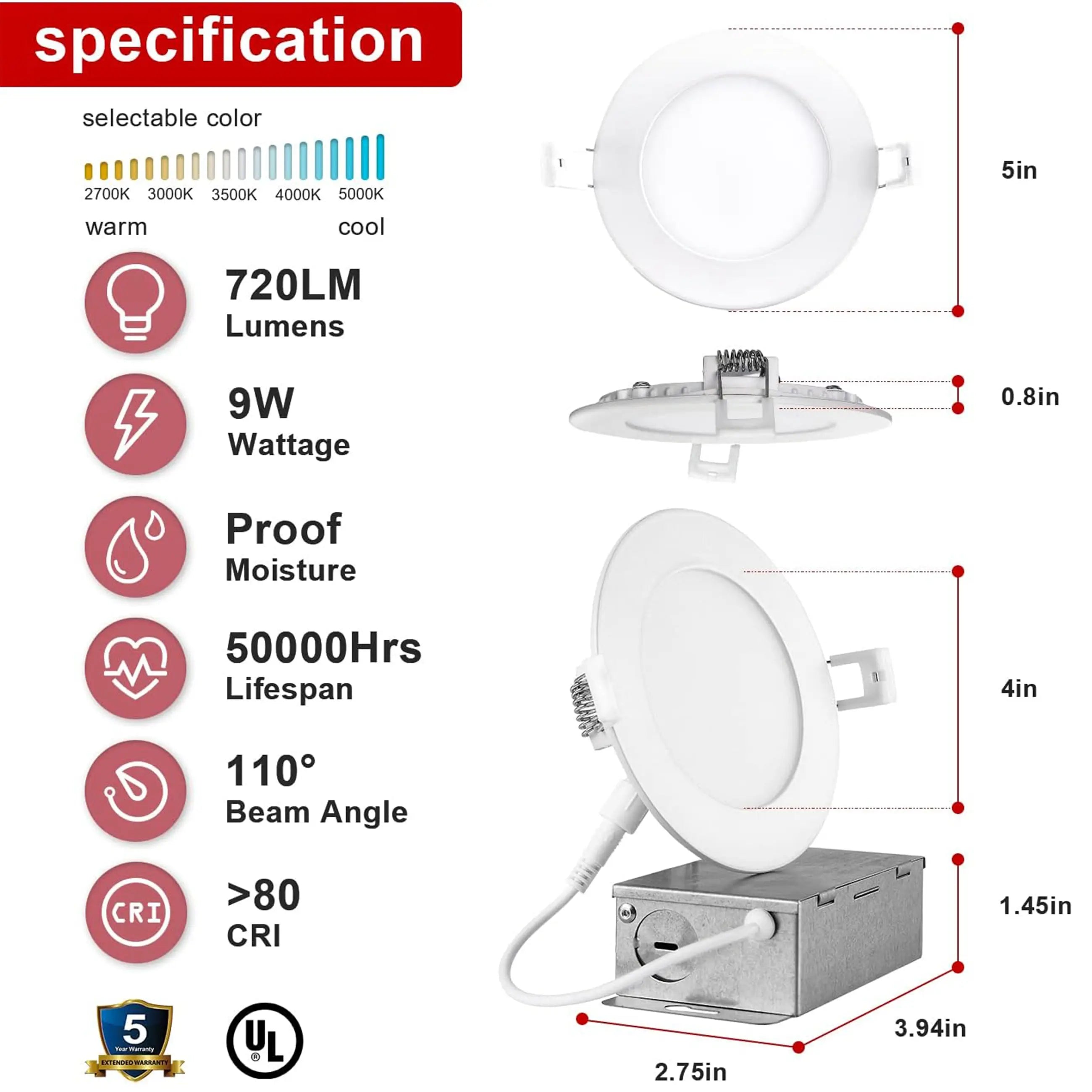 TANLITE Lighting 40 Pack-4 inch Ultra-Thin LED Recessed Downlight-Canless-Selectable CCT-Dimmable-2700K/3000K/3500K/4000K/5000K