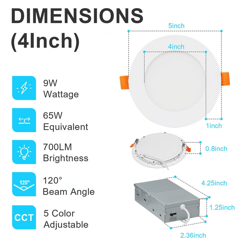 TANLITE 4 inch Ultra-Thin LED Recessed Downlight-Canless-Selectable CCT-Dimmable-2700K/3000K/3500K/4000K/5000K