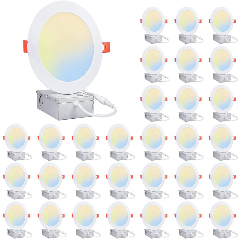 30 Pack-6 inch 12W Ultra-Thin LED Recessed Downlight-Canless-Selectable CCT-Dimmable-2700K/3000K/3500K/4000K/5000K