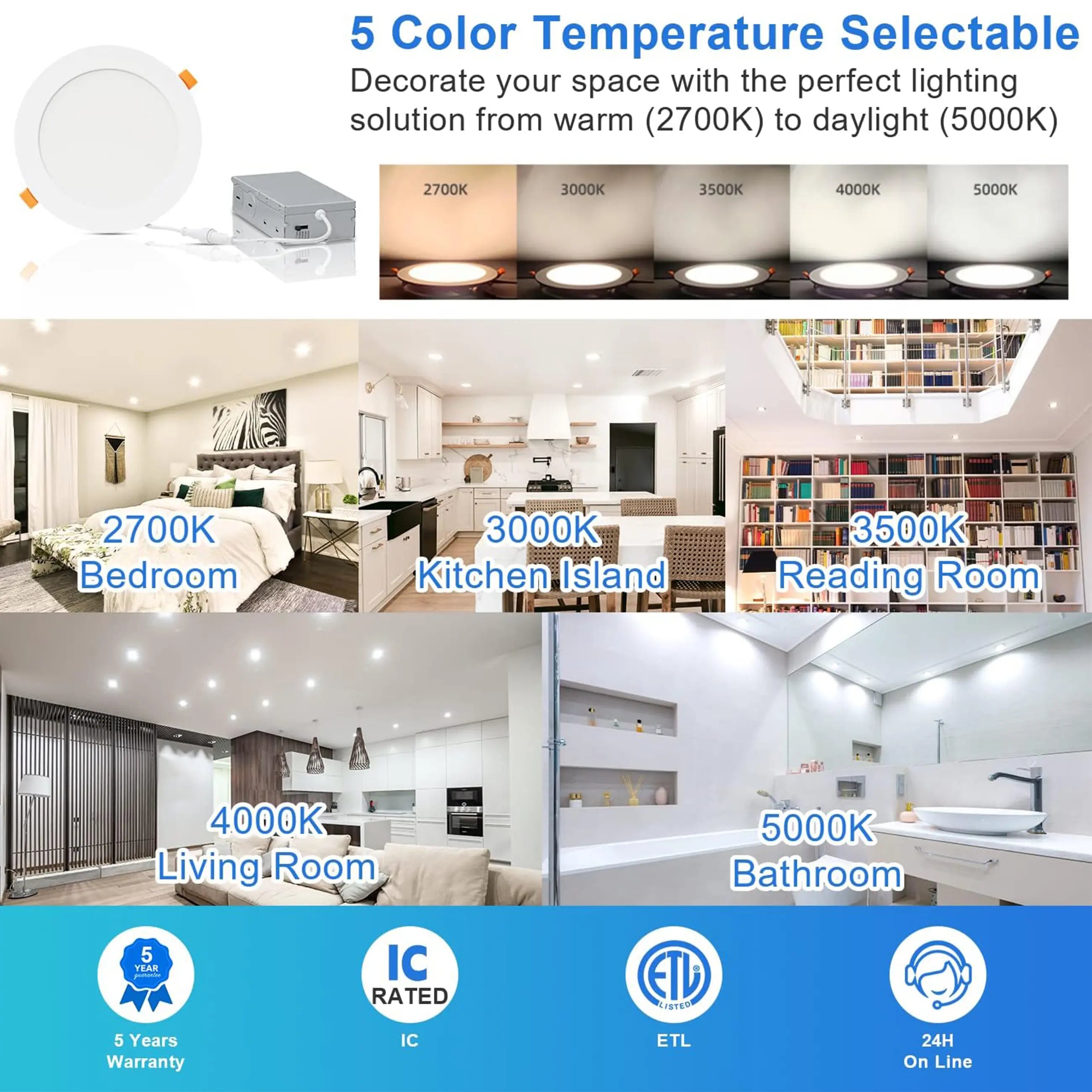 30 Pack-6 inch 12W Ultra-Thin LED Recessed Downlight-Canless-Selectable CCT-Dimmable-2700K/3000K/3500K/4000K/5000K TANLITE