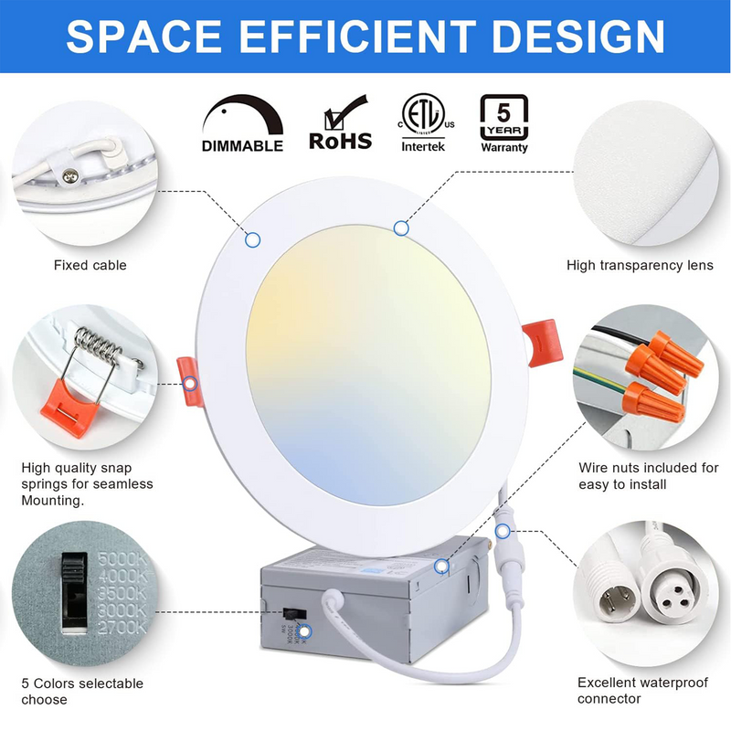 30 Pack-6 inch 12W Ultra-Thin LED Recessed Downlight-Canless-Selectable CCT-Dimmable-2700K/3000K/3500K/4000K/5000K