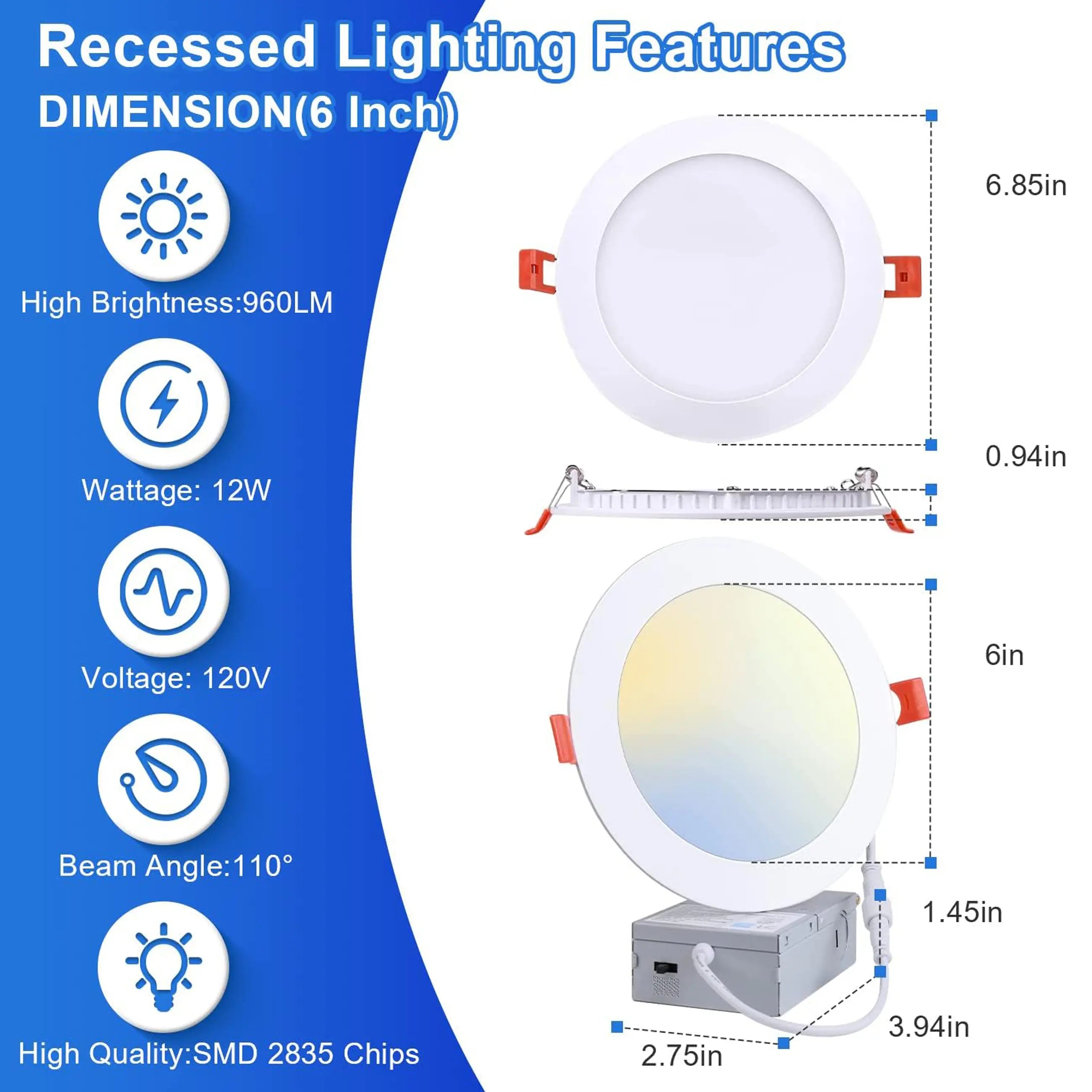 30 Pack-6 inch 12W Ultra-Thin LED Recessed Downlight-Canless-Selectable CCT-Dimmable-2700K/3000K/3500K/4000K/5000K TANLITE
