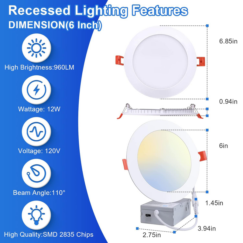 30 Pack-6 inch 12W Ultra-Thin LED Recessed Downlight-Canless-Selectable CCT-Dimmable-2700K/3000K/3500K/4000K/5000K