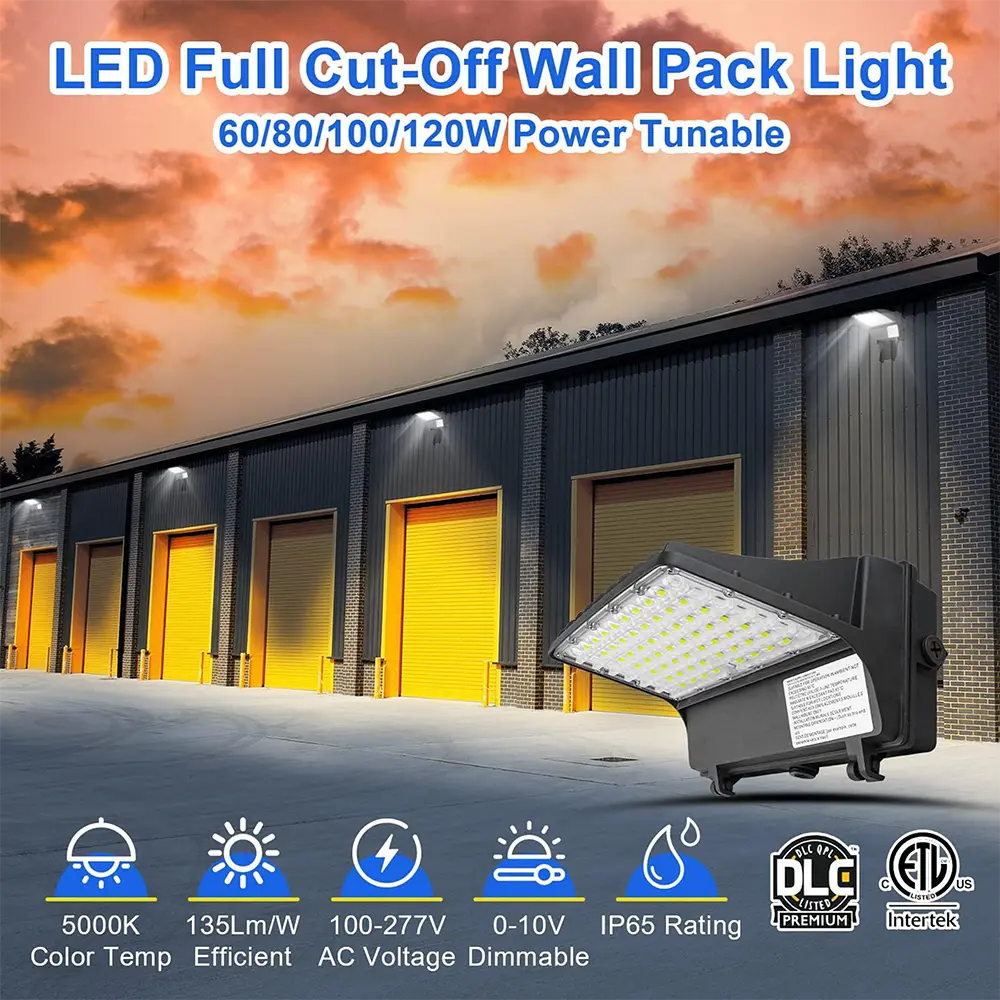 Close-up of LED wall pack light showing adjustable wattage switch, DLC/ETL certification labels, and IP65 waterproof rating