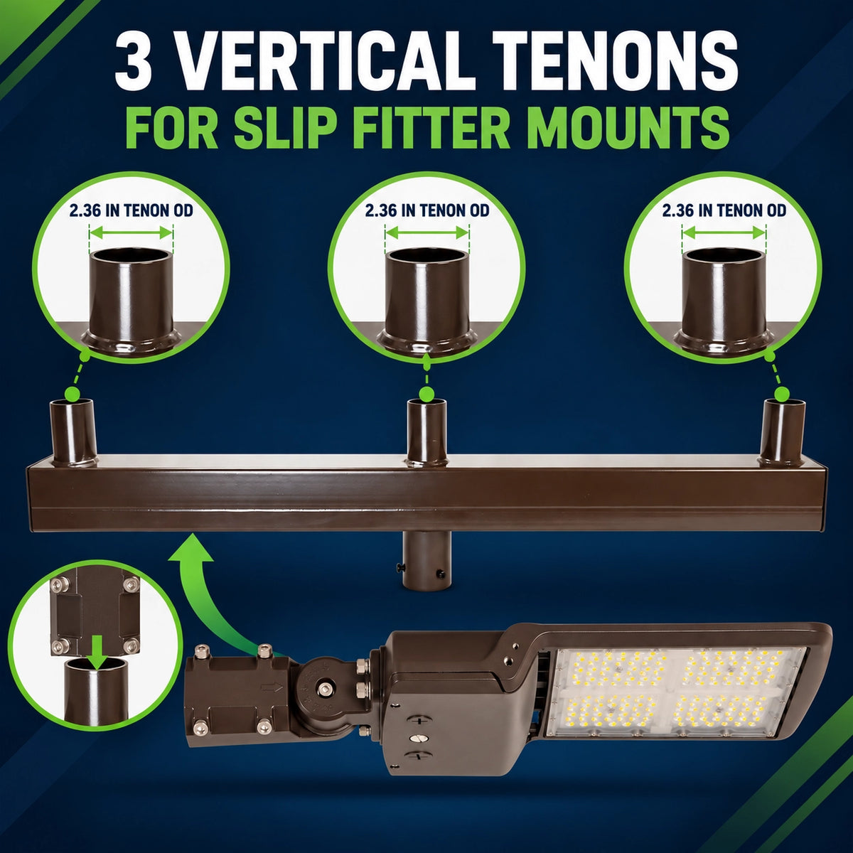 3-Light Low Profile Bullhorn Bracket, Inline Vertical Tenons