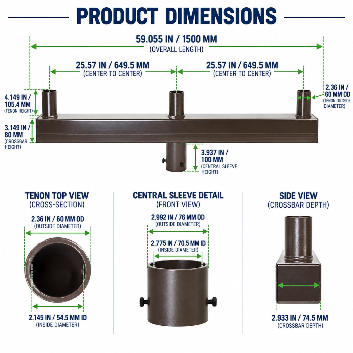 3-Light Low Profile Bullhorn Bracket, Inline Vertical Tenons