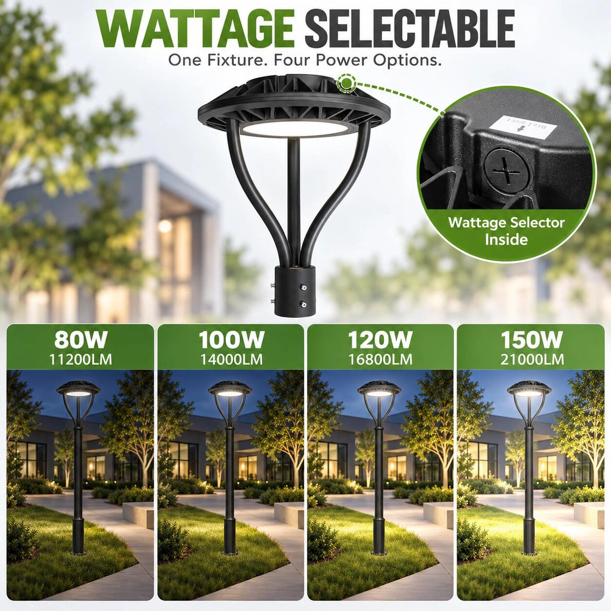Commercial LED Post Top Light, 80W/100W/120W/150W Selectable, 3CCT Tunable, Photocell Included, IP65 Rated