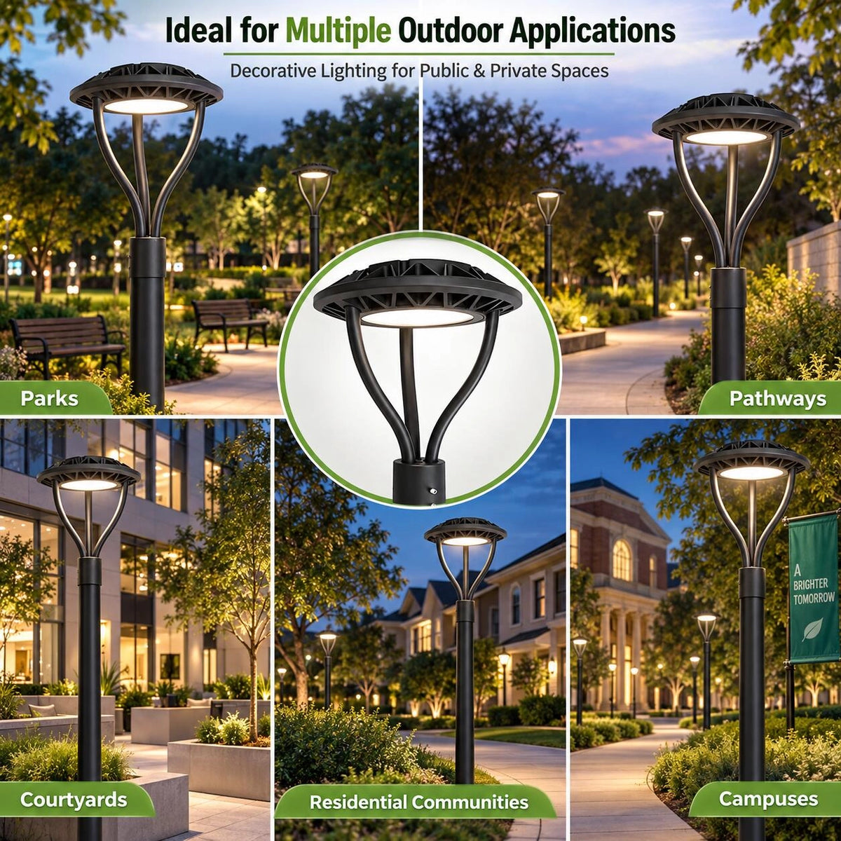 Commercial LED Post Top Light, 80W/100W/120W/150W Selectable, 3CCT Tunable, Photocell Included, IP65 Rated