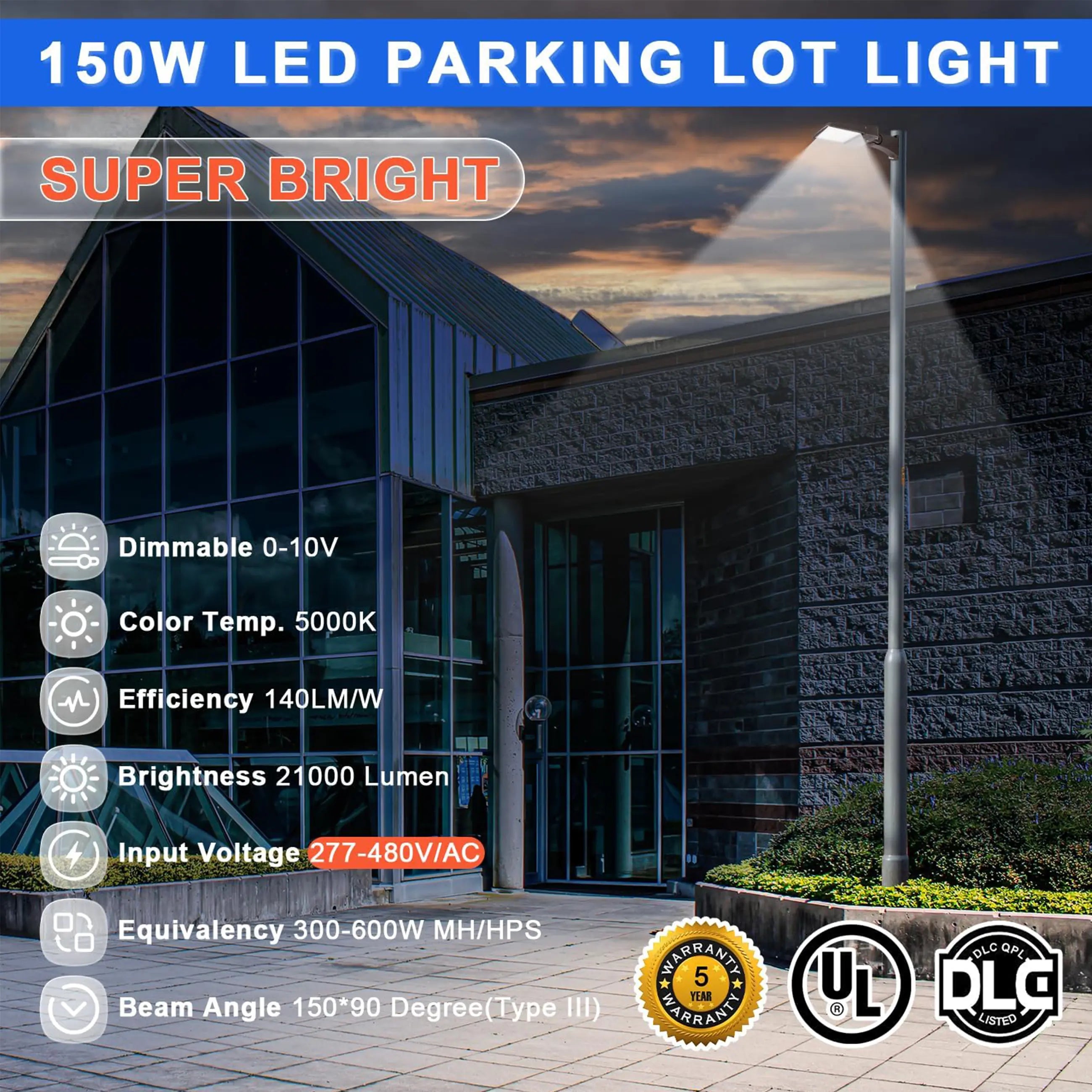 150W 480V LED Parking Lot Shoebox Light-21,000 Lumens-CCT 5000K-400W Metal Halide Equivalent-With Bracket Mount-5 Years Warranty TANLITE
