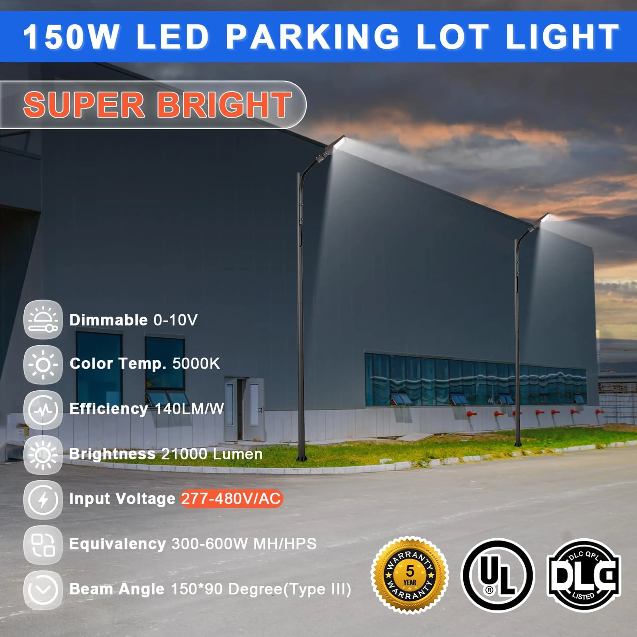 150W 480V LED Parking Lot Shoebox Light-21,000 Lumens-CCT 5000K-400W Metal Halide Equivalent-With Bracket Mount-5 Years Warranty TANLITE