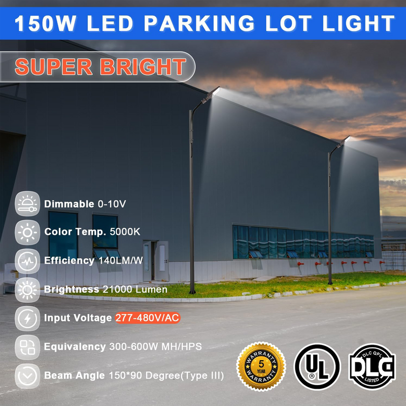 150W 480V LED Parking Lot Shoebox Light-21,000 Lumens-CCT 5000K-400W Metal Halide Equivalent-With Bracket Mount-5 Years Warranty