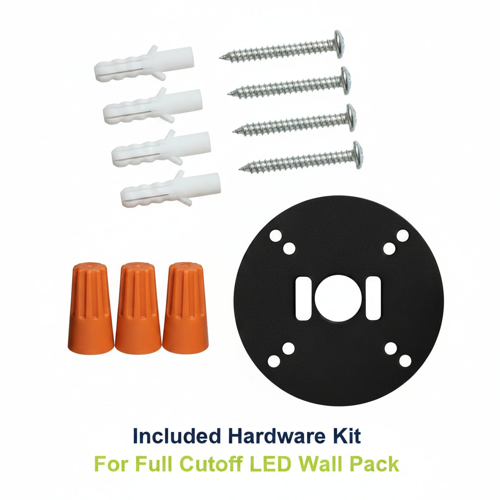 Included hardware kit for full cutoff LED wall pack on a white background