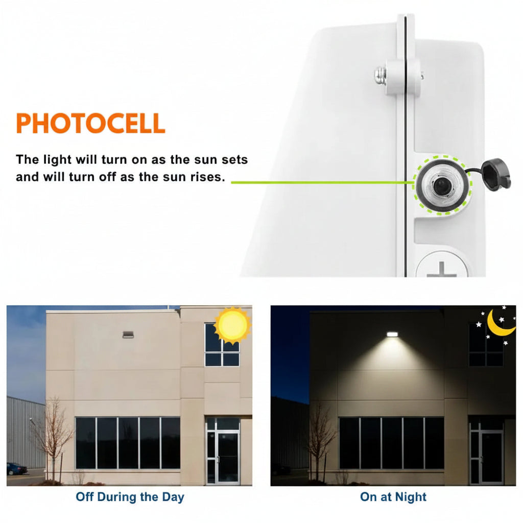 Photocell sensor with illustration and examples of light activation during day and night.