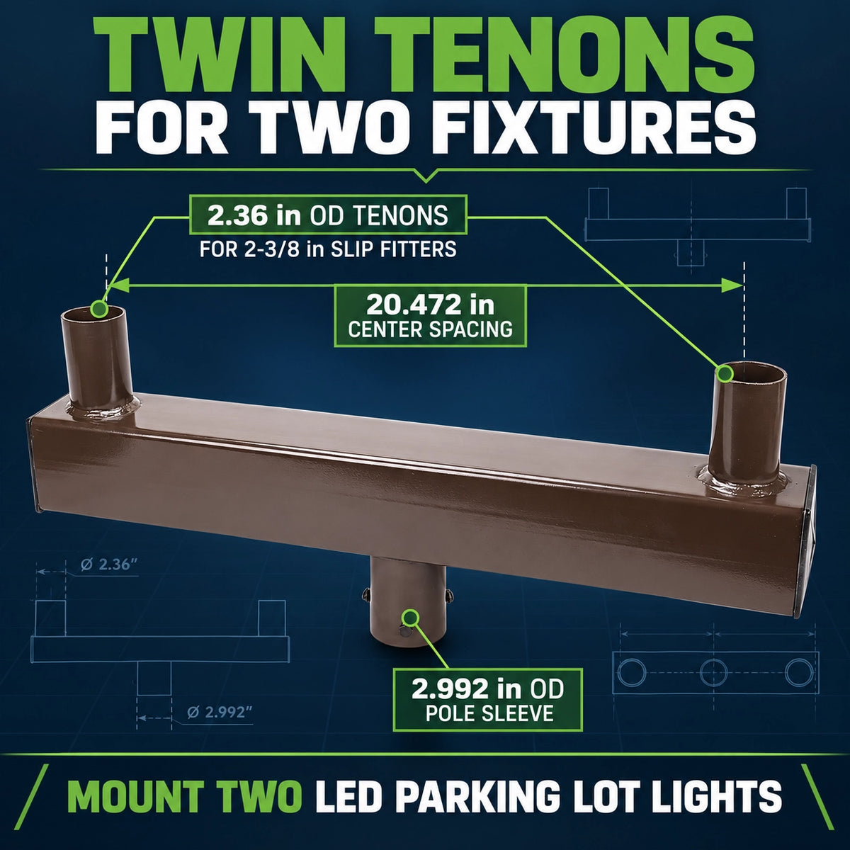Twin Bullhorn Tenon Adapter for 2 LED Parking Lot Lights, Bronze