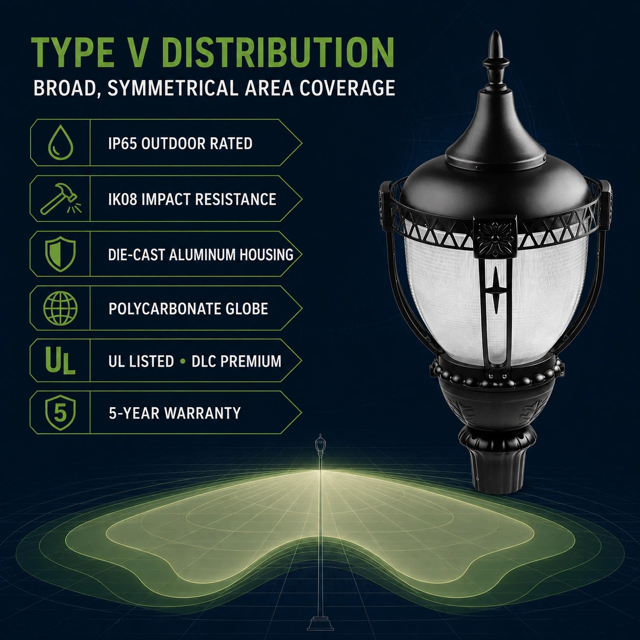 Acorn LED post top light with built-in dusk to dawn photocell for automatic outdoor lighting
