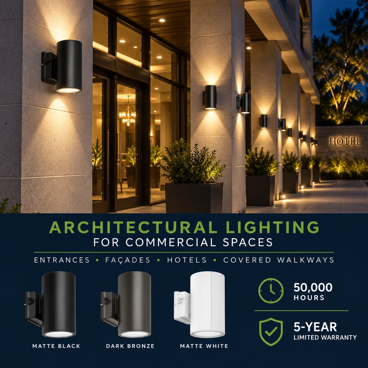 Architectural LED wall light with balanced upward and downward illumination for building facades