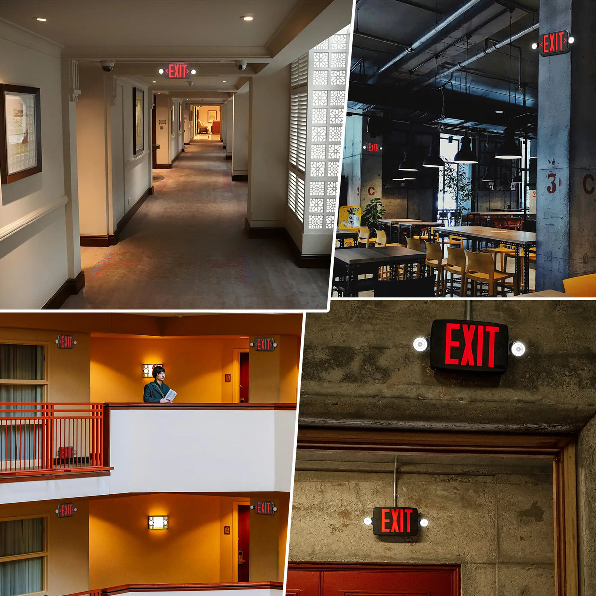 Black exit sign with adjustable emergency light heads for directional egress illumination