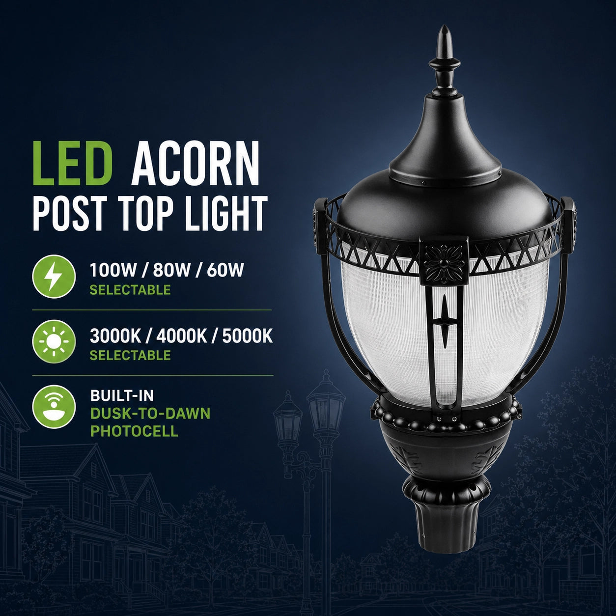 Commercial acorn LED post top light for parks pathways campuses and outdoor landscape lighting